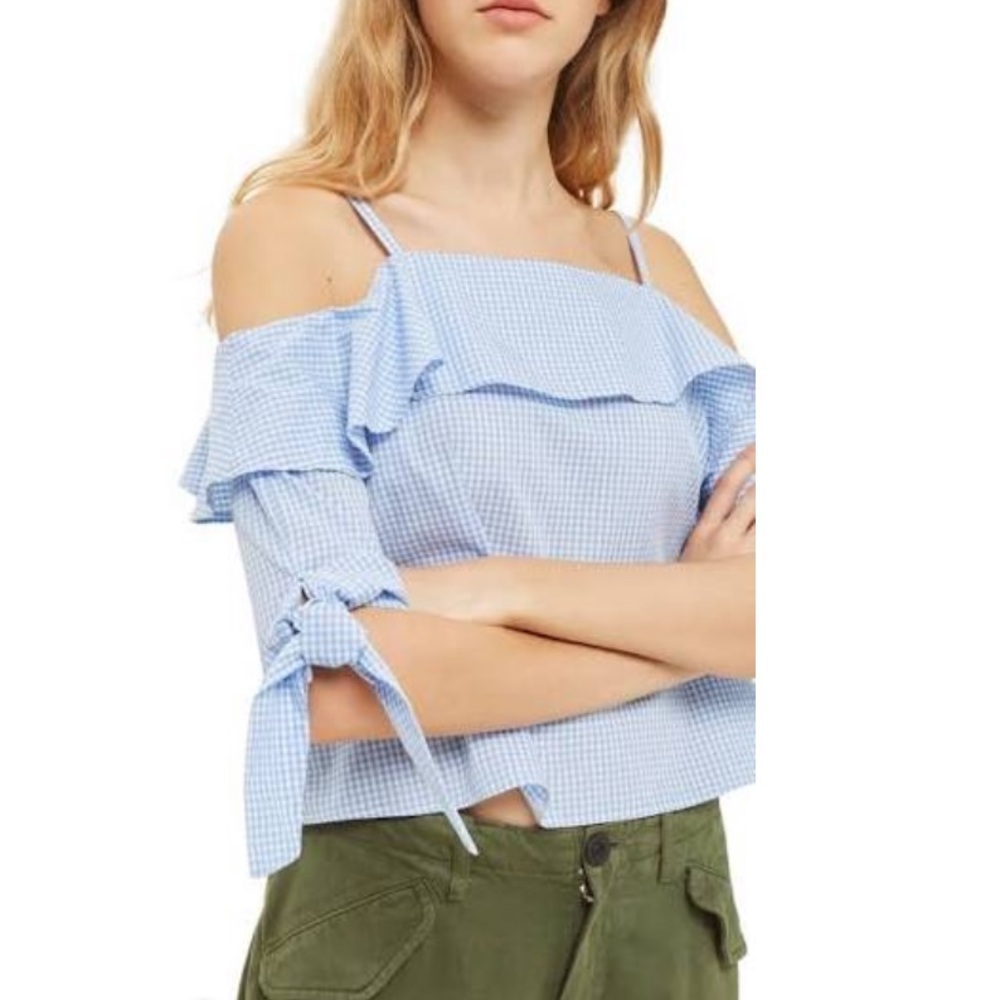 Light Blue Gingham Off the Shoulder Top